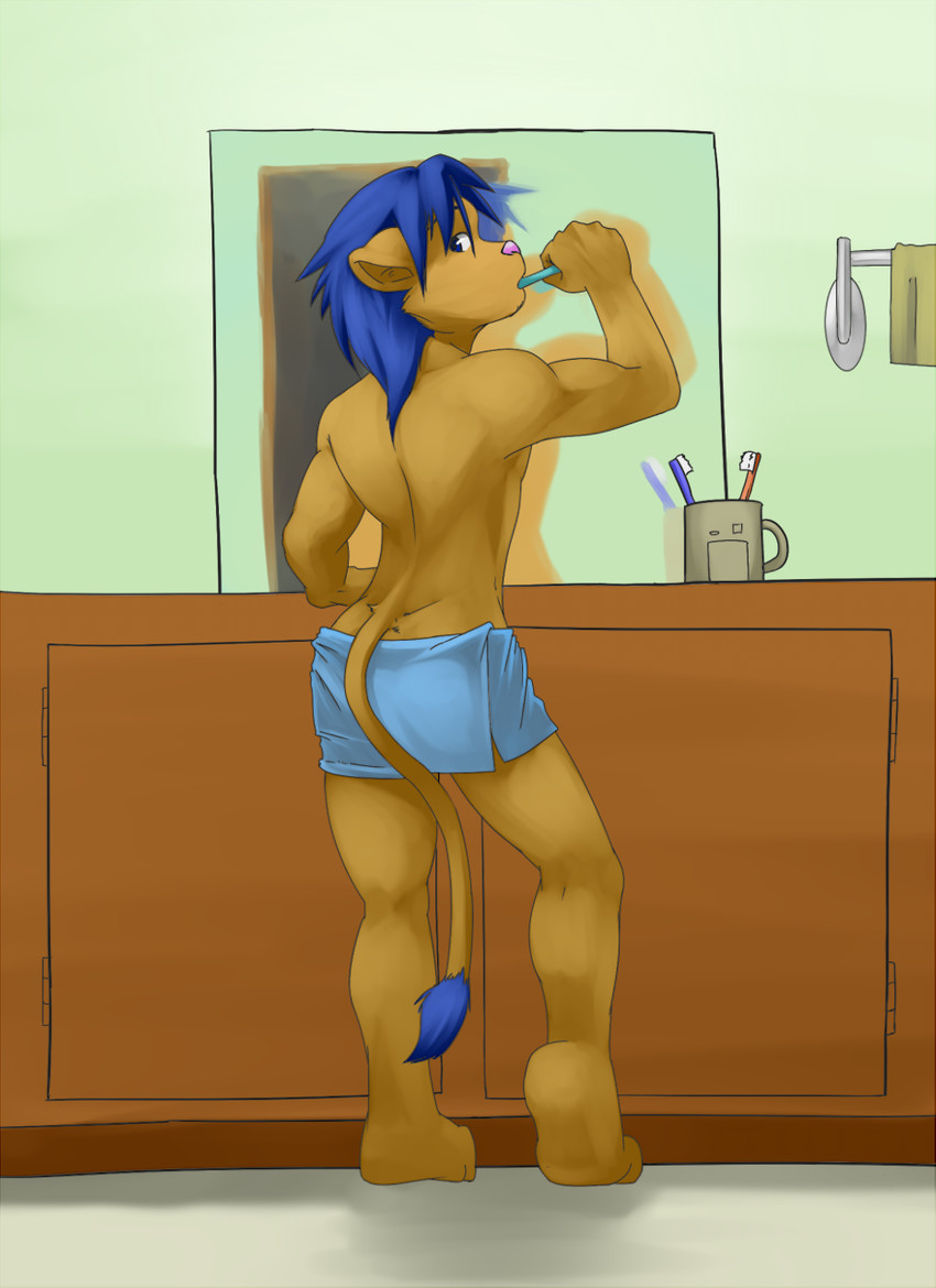 anthro athletic athletic_anthro athletic_male bathroom blue_hair brown_body brown_fur brush brushing brushing_teeth cabinet clothed clothing container cup detailed_background fur hair looking_at_viewer looking_back male mirror pink_nose rear_view solo tail tail_tuft toothbrush topless towel towel_only towel_rack tuft geng felid lion mammal pantherine 2012 colored full-length_portrait hi_res portrait shaded