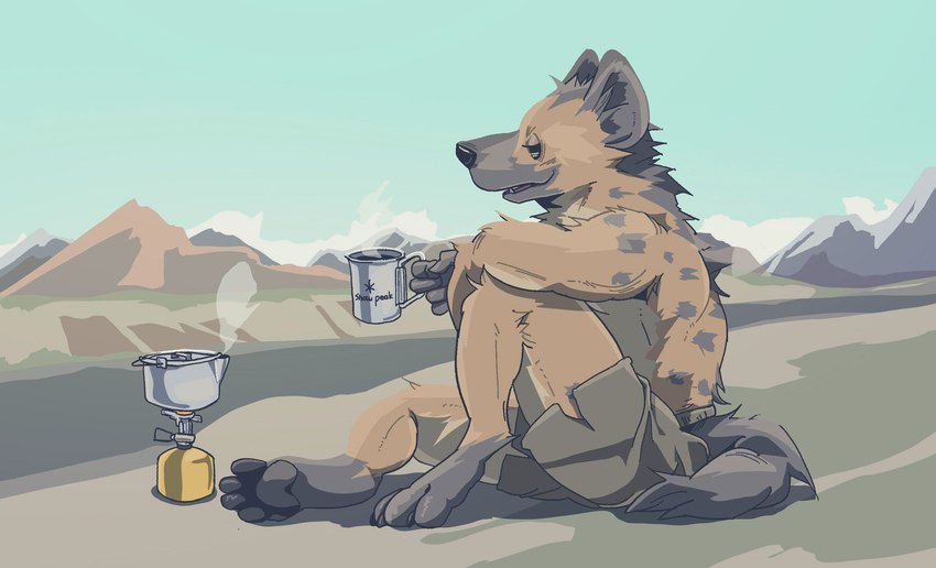 4_toes anthro barefoot black_nose brown_body brown_fur claws clothed clothing fangs feet fur outside sitting solo spots teeth toe_claws toes topless vetiver_n hyena mammal spotted_hyena 2020 hi_res