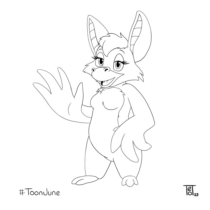 1990s_theme female gesture solo standing waving winged_arms wings teot chip_'n_dale_rescue_rangers disney foxglove_(cdrr) bat mammal 1:1 black_and_white hi_res line_art monochrome sketch