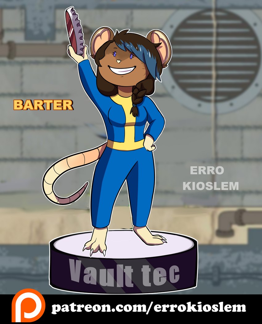 anthro barter bobblehead bottle_cap braided_hair brown_hair chibi claws female hair purple_eyes rat_tail solo tail text vault_suit errokioslem fallout microsoft mammal murid murine rat rodent hi_res url