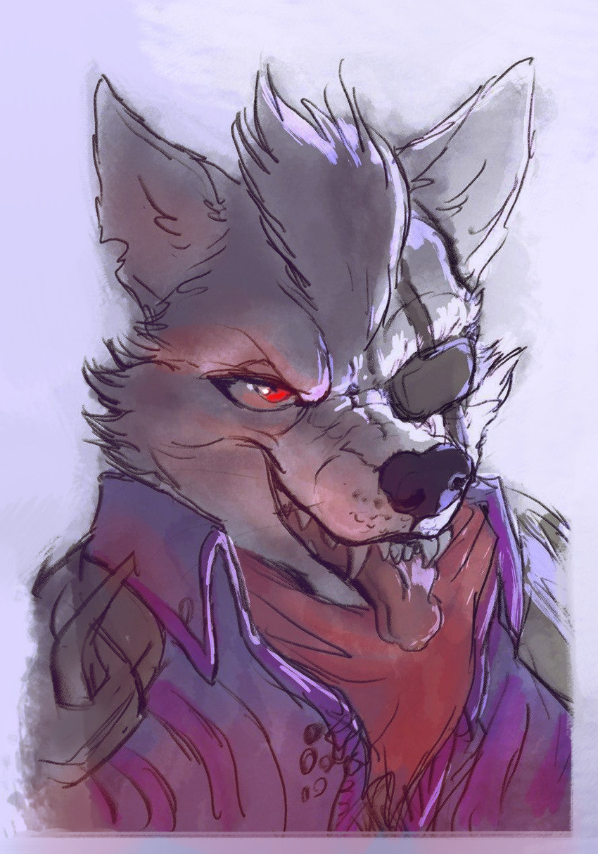 anthro black_nose breath clothed clothing eye_patch eyewear fangs fur grey_body grey_fur grey_hair grin hair looking_at_viewer male open_mouth panting red_eyes smile solo teeth tongue tongue_out white_body white_fur conditional_dnp jonas nintendo star_fox wolf_o'donnell canid canine canis mammal wolf hi_res