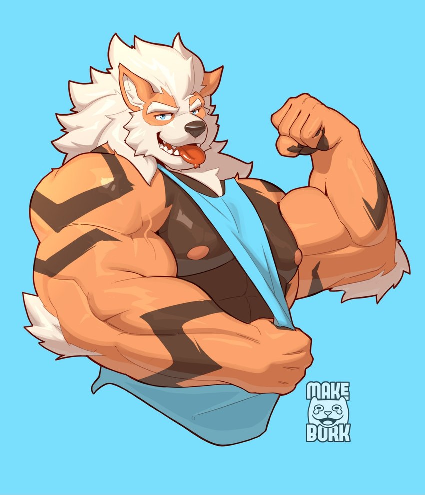 abs anthro anthrofied areola barazoku bedroom_eyes biceps big_biceps big_muscles blue_background bodily_fluids claws clothed clothing deltoids drooling eyebrows flexing flexing_bicep fur hair huge_muscles looking_at_viewer male manly muscular muscular_anthro muscular_male narrowed_eyes nipples open_mouth open_smile pecs pokemorph saliva seductive shirt simple_background smile solo tank_top teeth thick_arms tongue tongue_out topwear tuft vein makebork nintendo pokemon arcanine generation_1_pokemon pokemon_(species) 2024 hi_res watermark