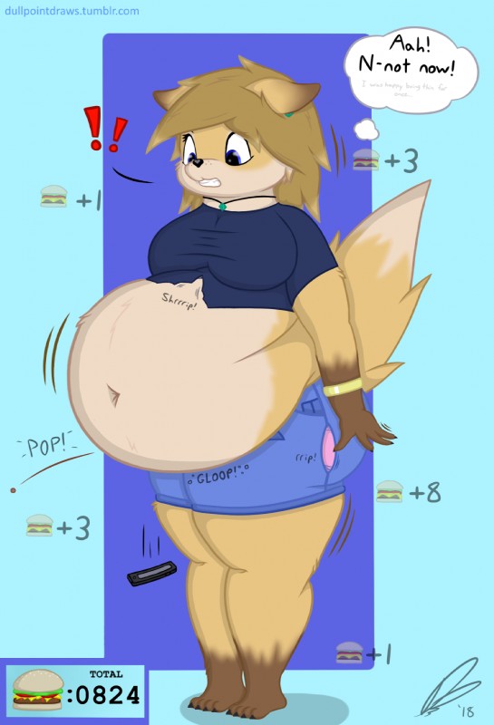 anthro belly big_belly big_breasts blue_eyes bracelet breasts burger clothed clothing deep_navel dialogue ear_piercing electronics exclamation_point female food fur hair jewelry navel necklace obese obese_anthro obese_female overweight overweight_anthro overweight_female phone piercing ripping simple_background solo surprise teeth text dullpoint brooke_(dullpoint) canid canine fox mammal 2018 digital_media_(artwork) english_text hi_res url