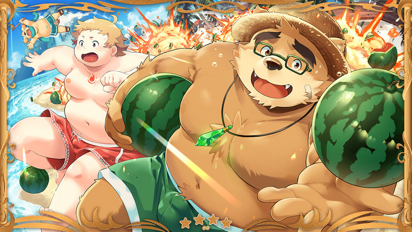 anthro brown_body brown_fur bulge clothing detailed_bulge eyewear food fruit fur glasses group hat headgear headwear humanoid_hands kemono male melon outside overweight overweight_male plant straw_hat swimwear watermelon nikubo lifewonders tokyo_afterschool_summoners choji_(tas) cu_sith_(tas) volos_(tas) bear canid canine canis domestic_dog human mammal 2021 official_art