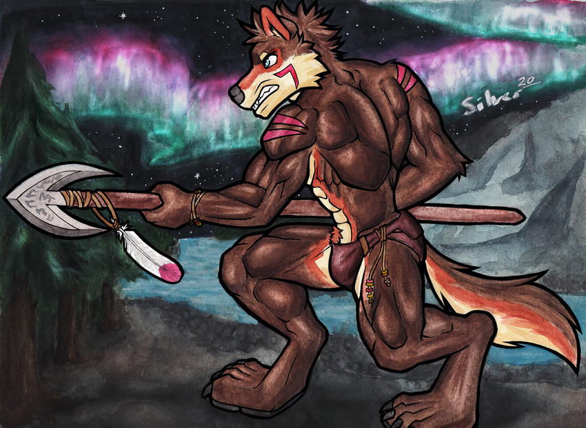 anthro aurora_(phenomenon) bottomwear clothing loincloth male markings melee_weapon muscular muscular_anthro muscular_male northern polearm solo spear tattoo torik tribal weapon wilderness silverferak canid canine canis mammal wolf hi_res painting_(artwork) traditional_media_(artwork) watercolor_(artwork)