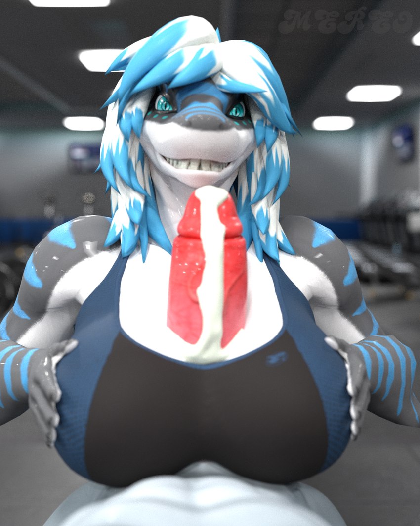 5_fingers anthro athletic_wear big_breasts big_penis biped black_body blue_eyes blue_hair blue_markings blue_stripes blurred_background bodily_fluids bra breast_play breasts clothed clothed_anthro clothed_female clothing countershade_face countershade_torso countershading cum cum_between_breasts cum_on_penis duo erection female female_anthro female_focus fingers first_person_view genital_fluids genitals grey_body gym hair humanoid_genitalia humanoid_penis inside looking_at_viewer male male/female male_pov markings multicolored_body multicolored_hair penis sex smile solo_focus sports_bra striped_body striped_markings stripes teeth titfuck titfuck_under_clothes two_tone_body two_tone_hair underwear white_body white_countershading white_hair that1furrydude1 warfare_machine nika_sharkeh warfare_nika fish marine shark 2024 3d_(artwork) 4:5 digital_media_(artwork) hi_res