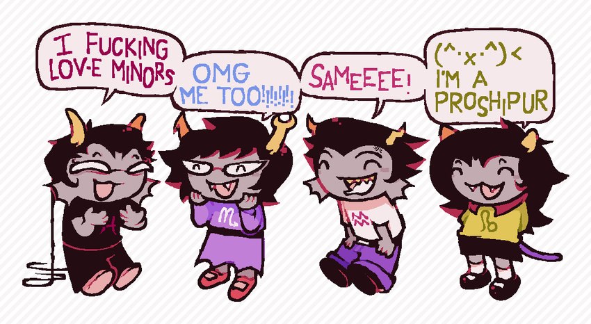 clothed clothing emoticon eyewear female footwear glasses group horn male not_furry shoes speech_bubble stated_pedophilia blu_moon homestuck ms_paint_adventures aranea_serket cronus_ampora meenah_peixes meulin_leijon alien humanoid troll_(homestuck)