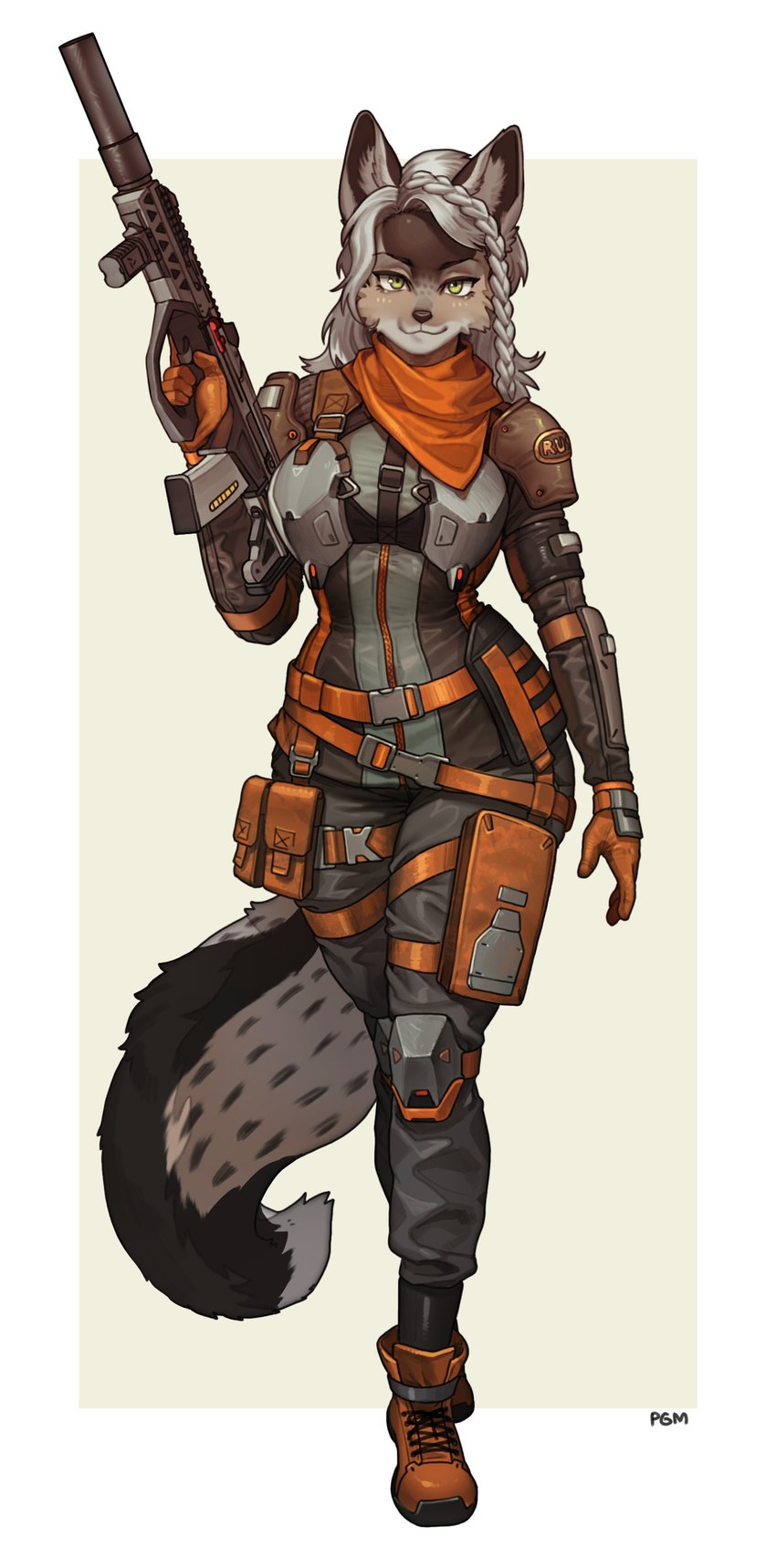 anthro armor assault_rifle boots braided_hair brown_body brown_fur bullpup clothing eyebrows female footwear forward_grip fur gloves green_eyes grey_hair gun hair handwear inner_ear_fluff kerchief knee_pads looking_at_viewer orange_kerchief pouches ranged_weapon rifle shoes shoulder_guards silencer solo trigger_discipline tuft weapon pgm300 felid feline mammal 2024 absurd_res hi_res