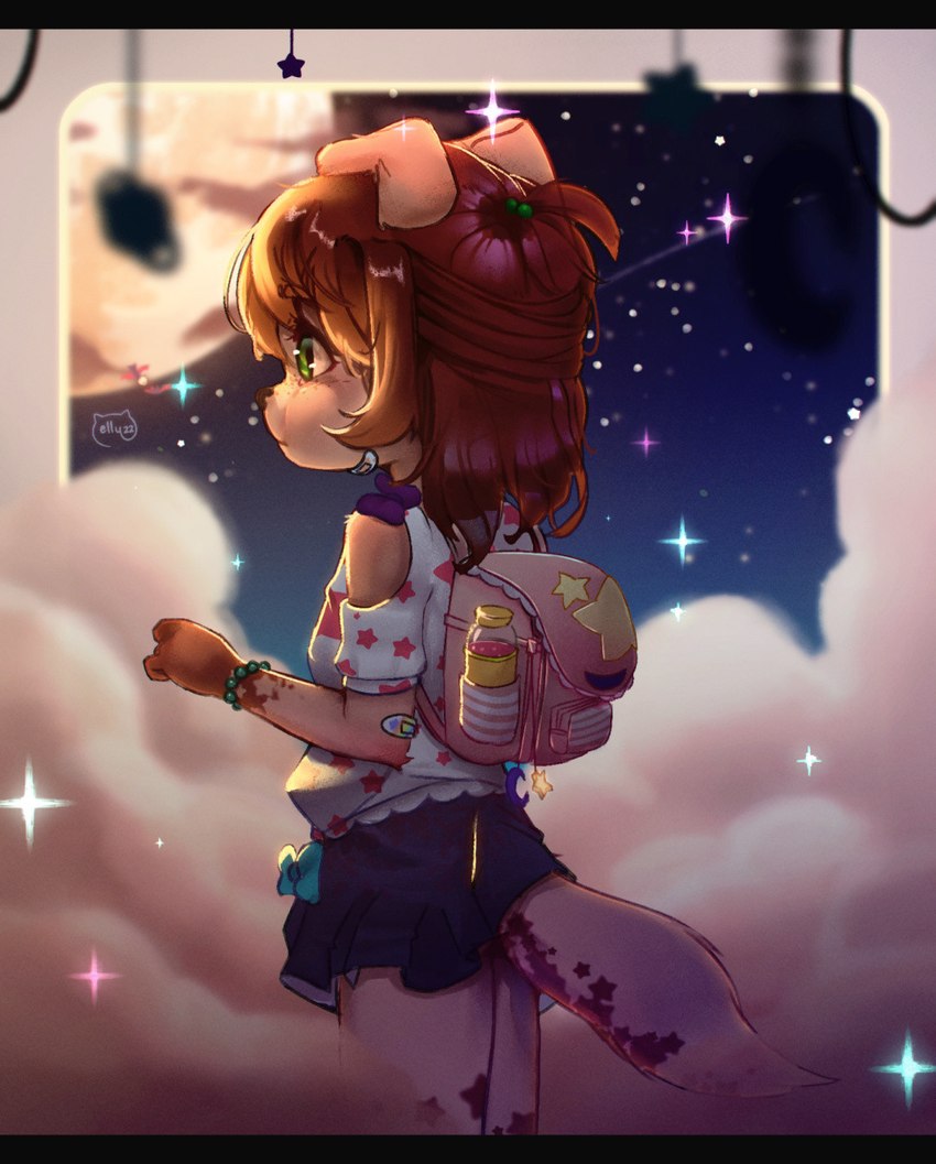 anthro backpack band-aid bandage beverage bottomwear bow_shirt bow_skirt bracelet brown_hair clothed clothing container daww female fingers food fur green_eyes hair jewelry markings moon rear_view shirt skirt sky skyscape solo star star_(marking) starry_sky tan_body tan_fur topwear young young_anthro young_female elly_(artist) sundae_(kei) canid canine canis domestic_dog mammal 2022 digital_media_(artwork) hi_res letterbox