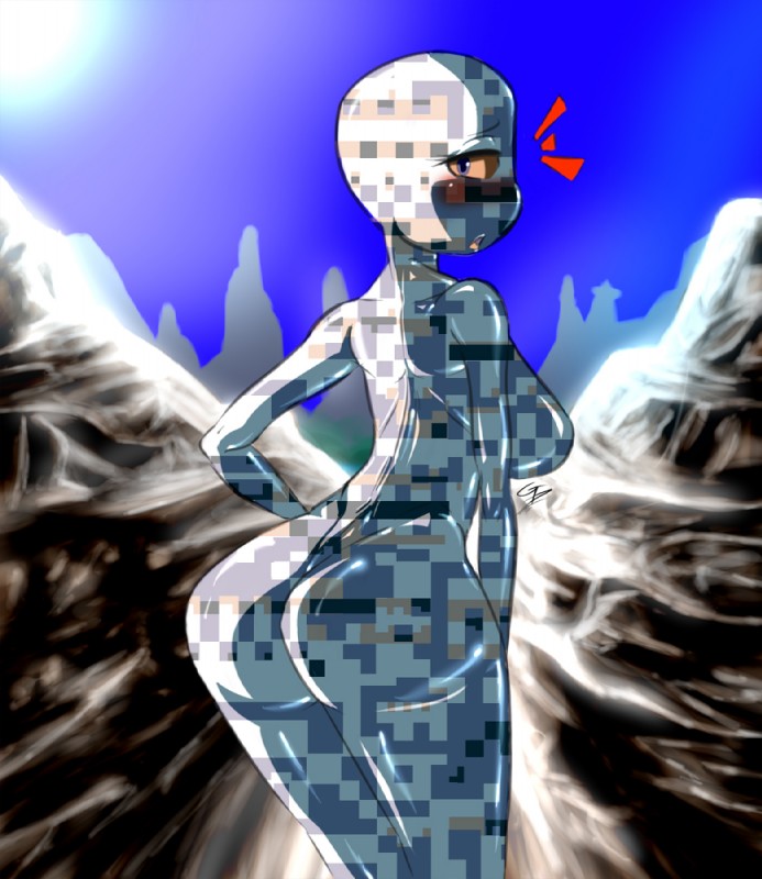 alternate_form alternate_species arched_back artificial_intelligence bedroom_eyes big_breasts big_butt black_body black_breasts black_butt black_eyebrows black_face black_skin blue_eyes blue_sky blush breasts butt butt_focus curvy_figure day eyebrows eyelashes eyeliner featureless_breasts female glistening glistening_body glistening_breasts glistening_butt glistening_eyes glistening_lips glistening_skin glitch grey_lips half-closed_eyes humanoidized legs_together light lips looking_at_viewer looking_back makeup mascara mountain multicolored_body multicolored_breasts multicolored_butt multicolored_face multicolored_skin narrowed_eyes not_furry nude open_mouth orange_body orange_breasts orange_butt orange_face orange_skin outside pink_tongue pokemorph pose pupils purple_body purple_breasts purple_butt purple_eyes purple_face purple_skin rear_view seductive shadow side_boob sky small_waist solo standing sun sunlight surprise thick_thighs three-quarter_view tongue white_body white_butt white_face white_skin wide_hips yellow_sclera gblastman nintendo pokemon digital_creature glitch_creature glitch_pokemon humanoid missingno. pokemon_(species) digital_media_(artwork) pinup portrait signature three-quarter_portrait