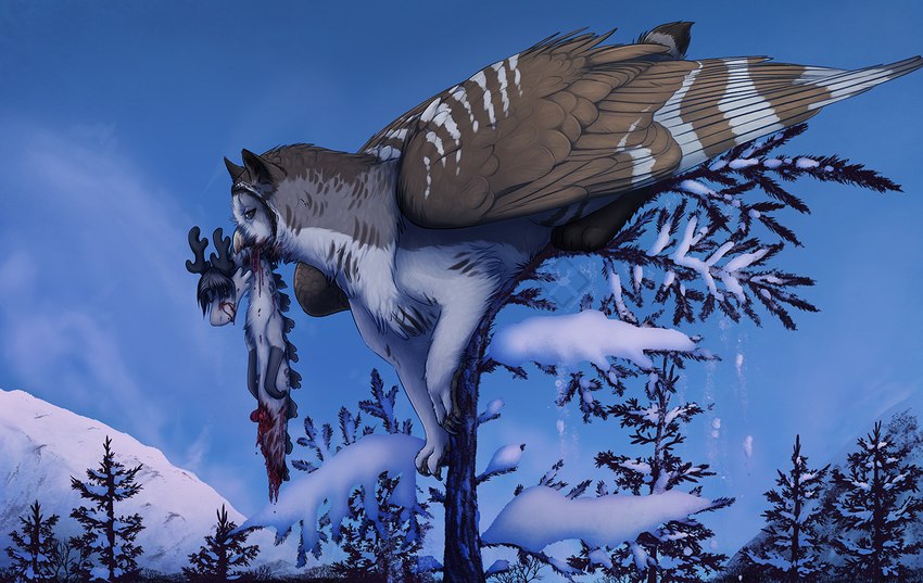 female feral forest gore male plant snow tree vore wilderness winter lemondeer mythology stacker_(thefunguscat) avian bird dragon gryphon hybrid lindworm mythological_avian mythological_creature mythological_scalie owl scalie serpentine_dragon