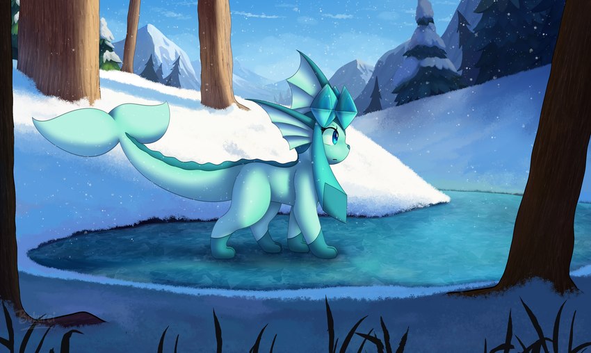 ambiguous_gender blue_eyes blue_sky cold creek day detailed_background digitigrade evergreen_tree feral fin fusion head_fin ice leg_markings long_tail markings mountain on_ice outside plant pokemon_fusion shadow side_view sky snow snowing socks_(marking) solo tail tree winter bokurei nintendo pokemon glaporeon_(bokurei) eeveelution generation_1_pokemon generation_4_pokemon glaceon pokemon_(species) vaporeon 2022 absurd_res hi_res