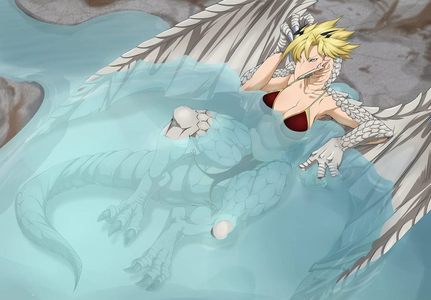 anthro claws clothing female grey_body grey_scales hot_spring partially_submerged scales solo swimwear tail toe_claws water dront marco-marco my_hero_academia mythology ryuko_tatsuma dragon hybrid mythological_creature mythological_scalie scalie