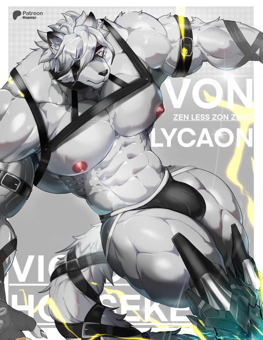 abs anthro areola armor barazoku big_areola big_muscles big_pecs black_nose cheek_tuft clothed clothing facial_tuft fur harness huge_muscles huge_pecs huge_thighs inner_ear_fluff jockstrap male manly muscular muscular_anthro muscular_arms muscular_legs muscular_male muscular_thighs navel nipple_dip nipples obliques partially_clothed pecs red_eyes serratus small_waist snout solo thick_arms thick_thighs tuft unconvincing_armor underwear white_body white_fur magangz mihoyo zenless_zone_zero von_lycaon canid canine canis mammal wolf absurd_res hi_res