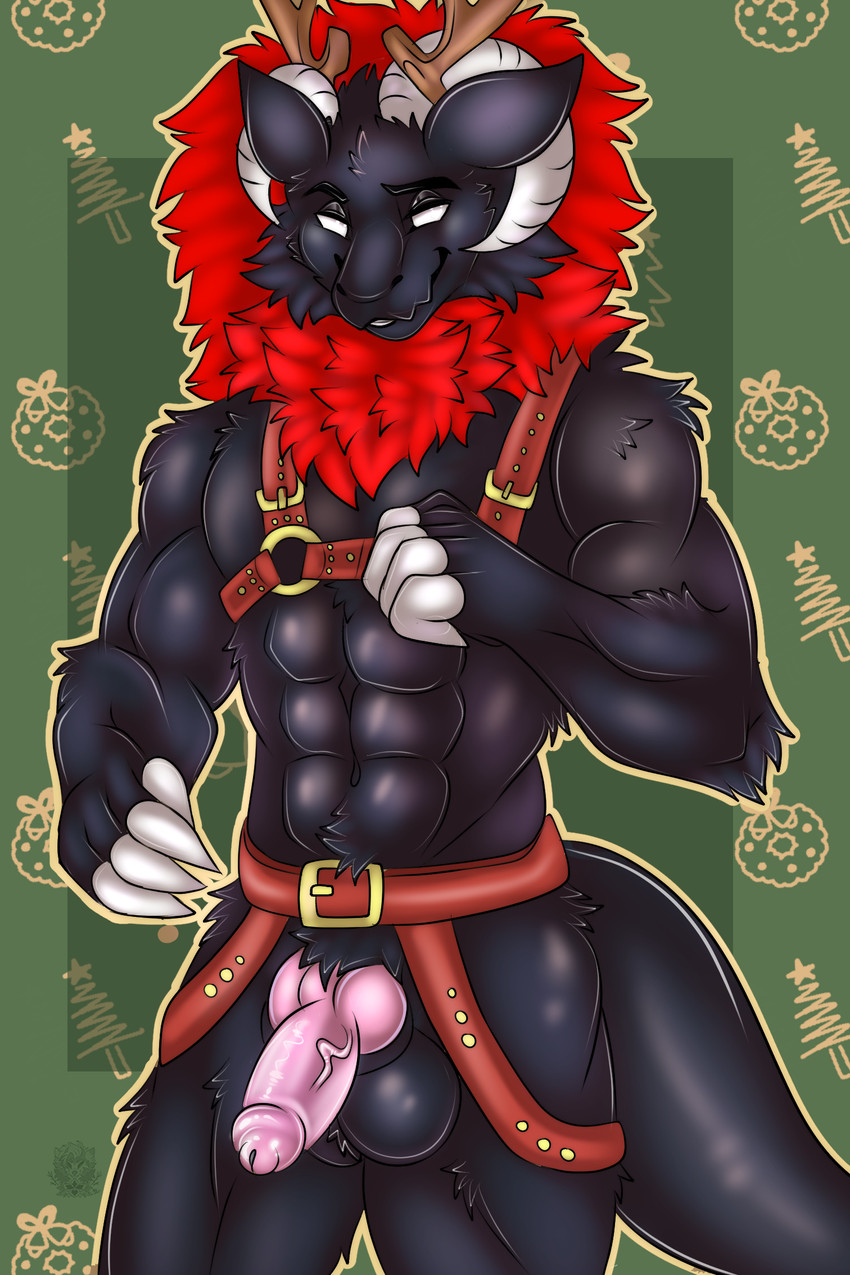 abs anthro antlers balls black_body black_fur black_tail claws erection fur genitals green_background harness holidays horn knot knotted_penis long_tail male male_anthro muscular no_pupils penis red_body red_fur simple_background smile smirk solo tail white_eyes nirncine christmas yin wickerbeast 2:3 hi_res