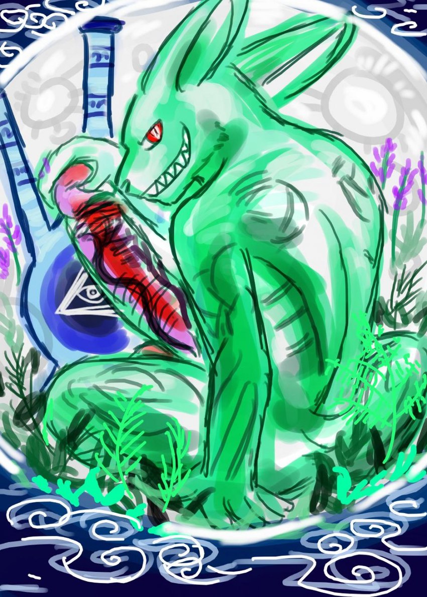 anthro big_penis fern genitals green_body green_skin grin huge_penis light male mythical penis red_eyes red_penis sharp_teeth smile solo symbol symbolism teeth water yad animal_humanoid humanoid lagomorph lagomorph_humanoid mammal mammal_humanoid colorful_theme hi_res