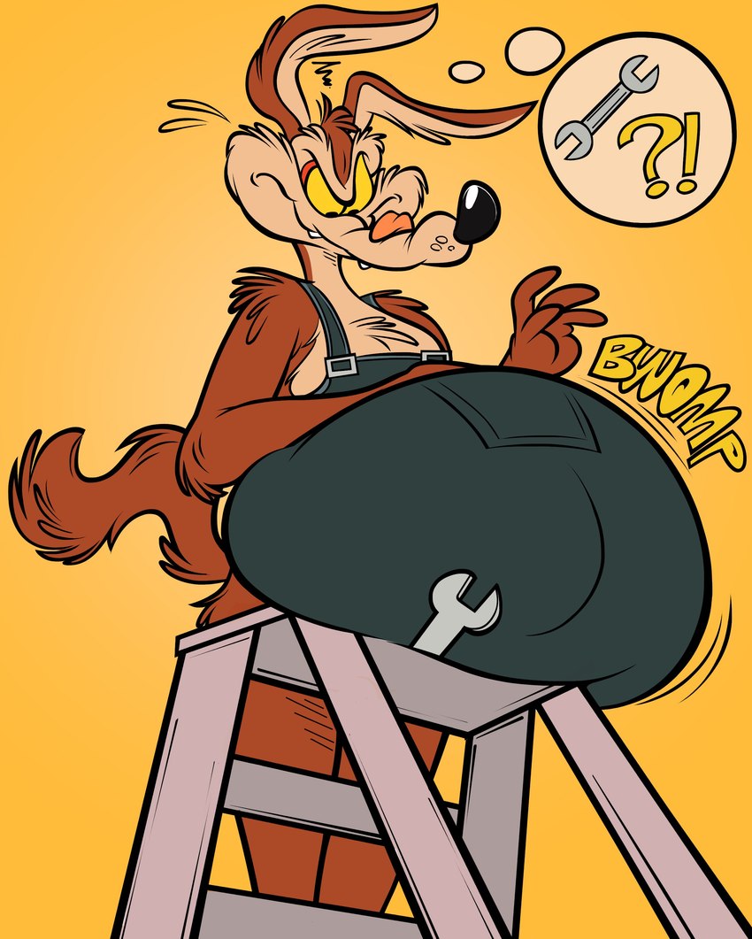 anthro belly big_belly bwomp clothing fur ladder low-angle_view male obese obese_anthro obese_male on_ladder overalls overalls_only overweight overweight_anthro overweight_male solo sound_effects standing text thought_bubble tongue tongue_out tools wrench remmyfox looney_tunes warner_brothers wile_e._coyote canid canine canis coyote mammal 2024 absurd_res hi_res