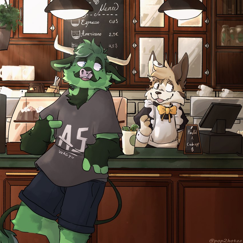 anthro baked_goods beverage bottomwear bow_tie cafe cake clothed clothing coffee coffee_cup coffee_shop container counter crossdressing cup dessert detailed_background dress duo embarrassed food fur gesture green_body green_fur hand_gesture head_tuft horn jar maid_uniform male menu_board overhead_lighting pointing shirt shorts t-shirt tip_jar topwear tuft uniform pop2hotzz mocha_(pop2hotzz) teddy_(rayleythepolf) bovid bovine canid canine canis cattle domestic_dog mammal 1:1 absurd_res hi_res