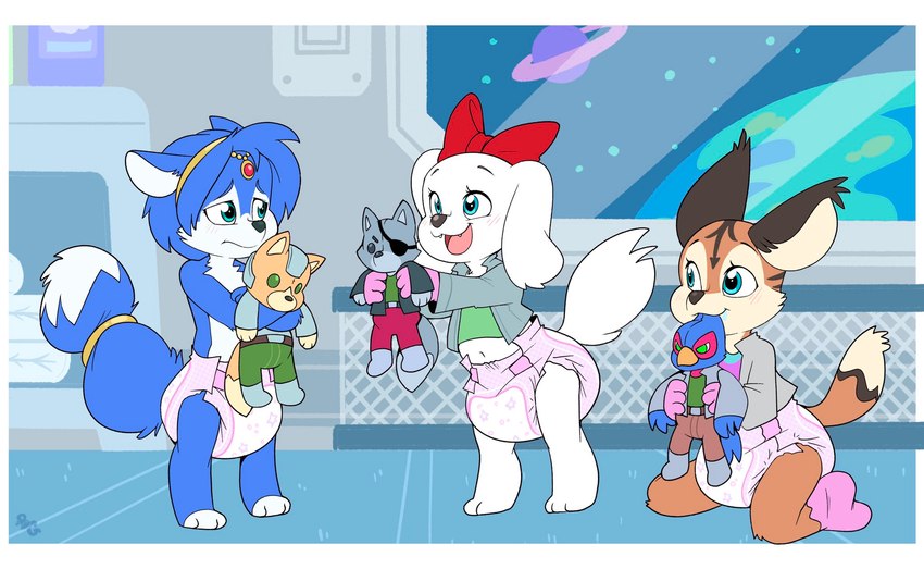 age_regression anthro blush bodily_fluids clothing diaper drooling embarrassed female footwear group holding_object hug hugging_object hugging_plushie kneeling nibbling open_mouth planet plushie saliva smile socks space spacecraft standing star teeth toddler vehicle window young young_anthro bubblepuppers nintendo star_fox falco_lombardi fay_(star_fox) fox_mccloud krystal_(star_fox) miyu_(star_fox) wolf_o'donnell canid canine canis domestic_dog felid feline fox lynx mammal hi_res