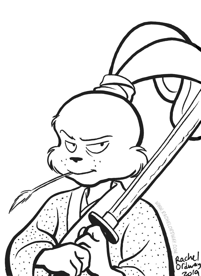 4_fingers anthro clothed clothing eyebrows fingers fur holding_melee_weapon holding_object holding_sword holding_weapon katana looking_at_viewer male melee_weapon raised_eyebrow simple_background sword text weapon wheat wheat_in_mouth white_background rachel_ordway usagi_yojimbo miyamoto_usagi lagomorph leporid mammal rabbit 2019 black_and_white hi_res monochrome url