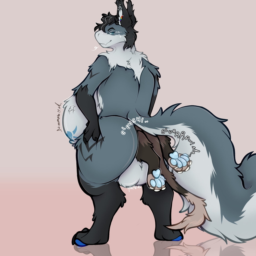 abdominal_bulge almost_fully_inside anal anal_vore anthro backsack balls big_butt big_tail butt duo genitals head_first imprint looking_back male male/male onomatopoeia partially_inside pawpads paws rear_view simple_background size_difference sound_effects squish struggling struggling_prey tail text thick_thighs thigh_squish vore wide_hips womb_tattoo makar-ro mythology lumikin domestic_ferret dragon felid feline mammal mustelid musteline mythological_creature mythological_scalie scalie true_musteline weasel 1:1 hi_res