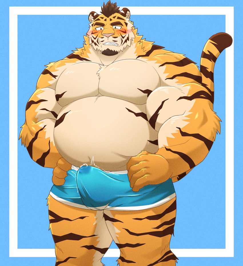 anthro belly big_belly blush bodily_fluids bulge clothed clothing erection erection_under_clothing genital_fluids humanoid_hands kemono male musclegut muscular overweight overweight_male pink_nose precum simple_background solo tenting underwear shillon0610 felid mammal pantherine tiger 2022 hi_res