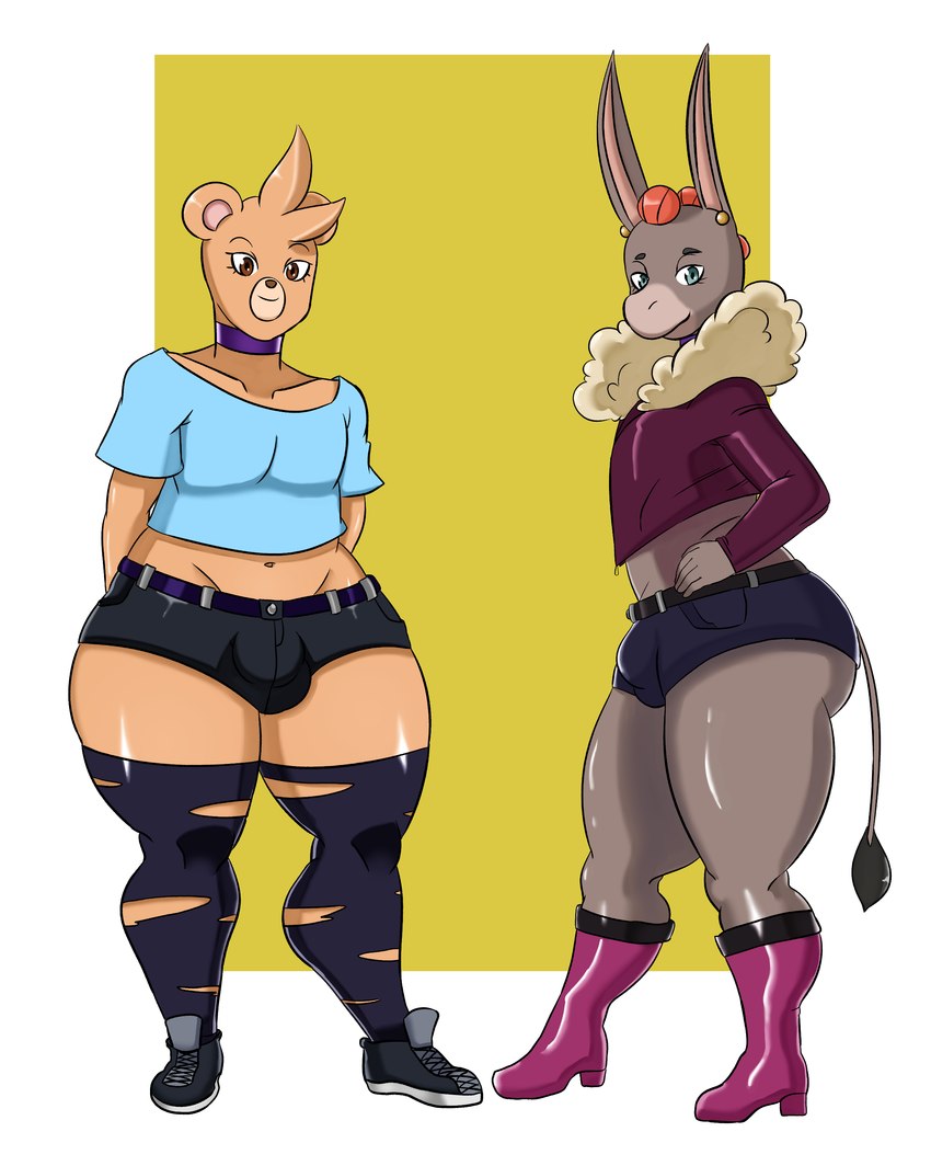 anthro clothed clothing collar hair jewelry looking_at_viewer male orange_hair purple_collar simple_background smile thick_thighs cherryfox73 illie_(cherryfox73) milo_(cherryfox73) asinus bear donkey equid equine mammal absurd_res digital_media_(artwork) hi_res