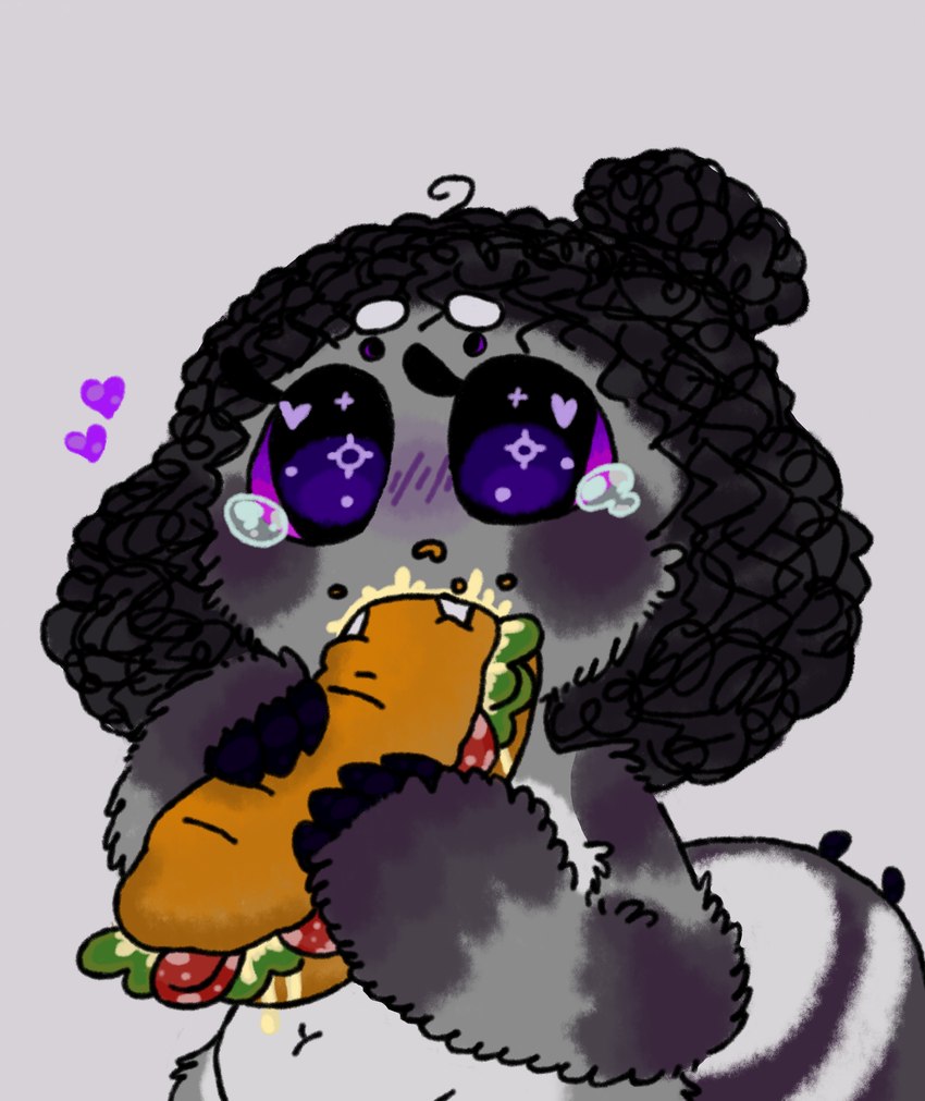 black_body black_fur black_hair blush bodily_fluids eating food fur grey_body grey_fur hair happy heart_symbol holding_object lettuce male mayonnaise meat multi_eye navel nude plant purple_eyes salami sandwich_(food) sausage simple_background slightly_chubby solo sparkles sparkling_eyes tail tears teeth vegetable white_body white_fur sosu-the-blue-wolf velley_(beastbeans) arachnid arthropod spider absurd_res colored digital_drawing_(artwork) digital_media_(artwork) hi_res