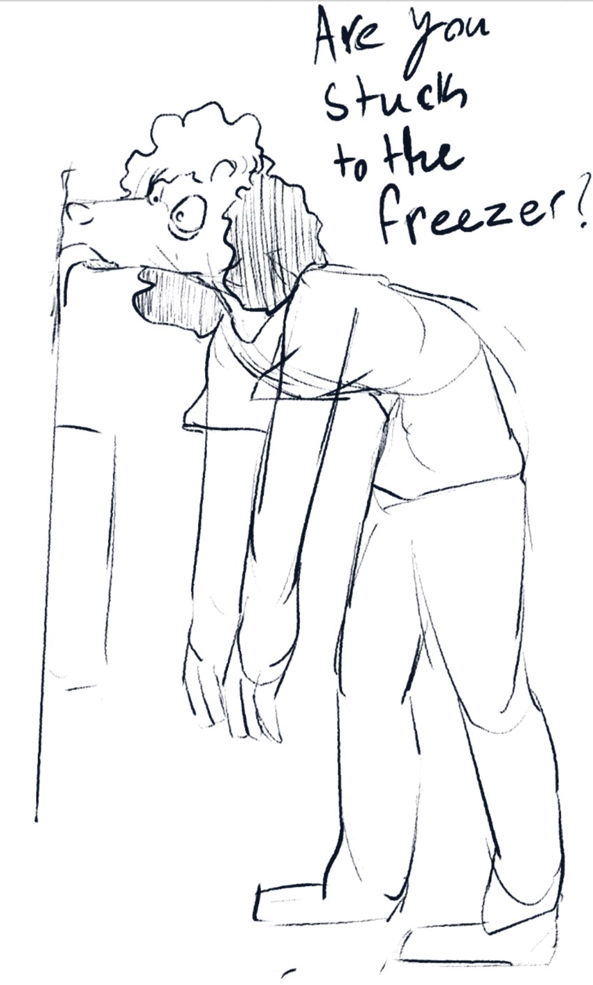 anthro blush clothed clothing floppy_ears freezer fur hair licking male solo stuck text tongue tongue_out tongue_stuck wall_(structure) adondis russell_(adondis) canid canine canis domestic_dog mammal poodle digital_media_(artwork) hi_res