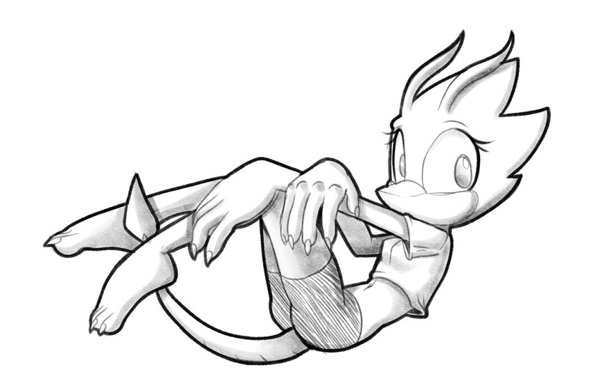 anthro bottomwear butt clothing countershade_face countershading crop_top curled_up female hotpants looking_at_viewer midriff shirt shorts solo thin_arms thin_calves thin_legs thin_thighs topwear fourssss sega sonic_the_hedgehog_(series) fan_character skitter_the_gecko gecko lizard reptile scalie hi_res monochrome sketch