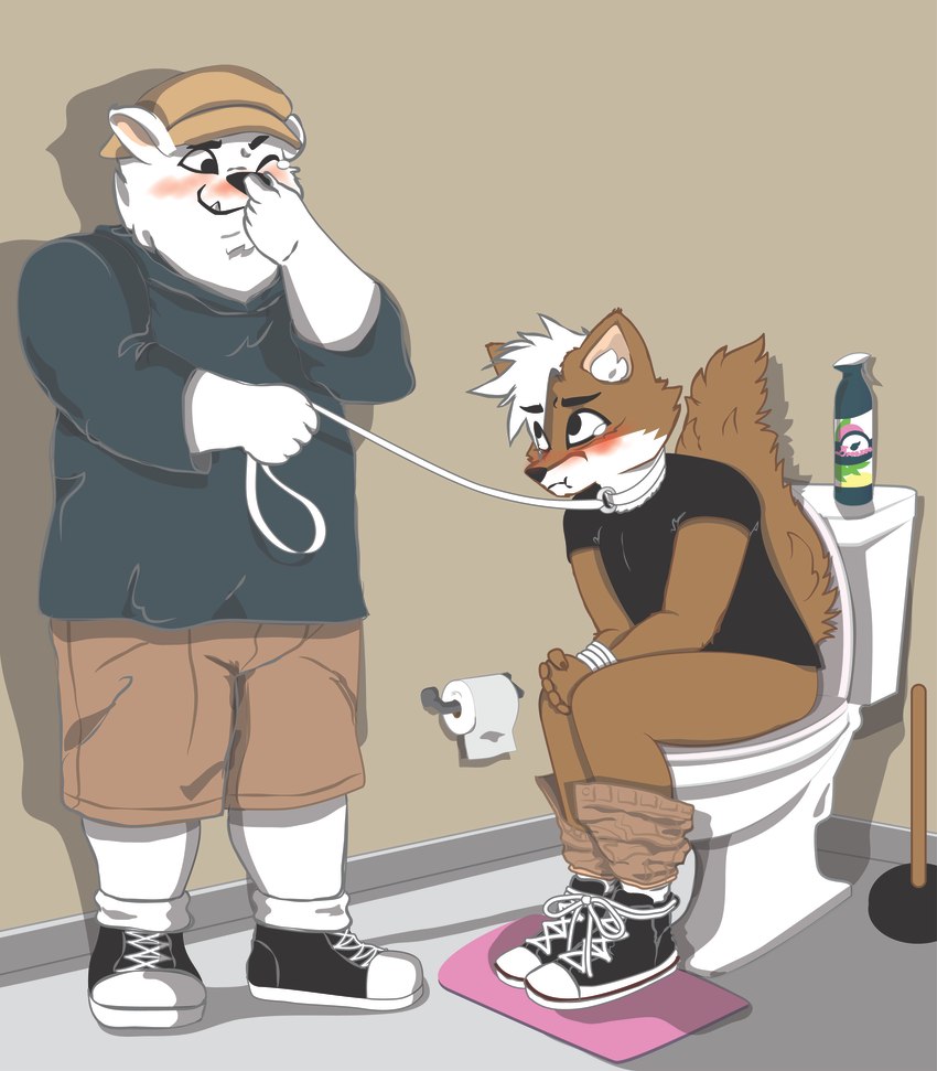 air_freshener anthro bathroom bathroom_control bdsm bondage bound duo embarrassed implied_scat leash leashed_male male male/male plunger pooping smelly toilet toilet_paper toilet_use dewvox canid canine fox humanoid mammal absurd_res hi_res