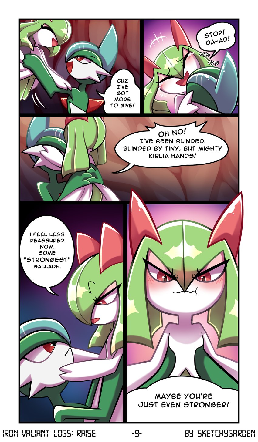 annoyed blush cave dialogue duo eyeshadow female held_up kissing laugh makeup male playing text sketchygarden nintendo pokemon noble_(sketchygarden) serenity_(sketchygarden) gallade generation_3_pokemon generation_4_pokemon humanoid kirlia pokemon_(species) absurd_res comic english_text hi_res