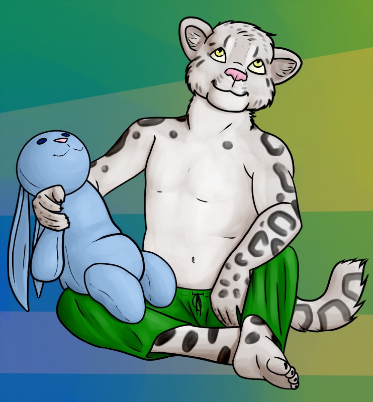 anthro barefoot biped bottomwear claws clothed clothing feet fur grey_body grey_fur happy looking_up male pants pink_nose plushie sitting smile solo spots toe_claws topless yellow_eyes young young_anthro young_male lionsilverwolf felid mammal pantherine snow_leopard 2014 absurd_res hi_res