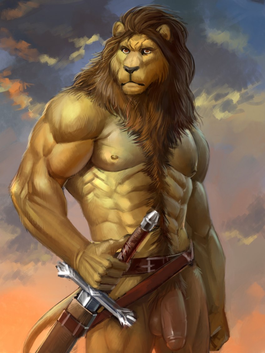 5_fingers abs anthro balls barbarian belt body_hair brown_mane brown_nose fingers flaccid fur genitals happy_trail humanoid_hands male mane melee_weapon mostly_nude muscular muscular_anthro muscular_male nipples nude pecs penis pubes scabbard solo sword tan_body tan_fur weapon nightarm felid lion mammal pantherine 2024 hi_res