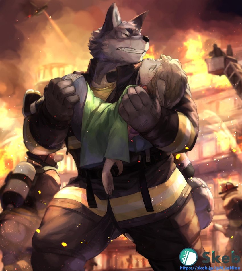 anthro barazoku bottomwear carrying_another clothing detailed_background eyes_closed fire firefighter group kemono male night outside pants shirt topwear nion canid canine canis mammal wolf 2021 hi_res unavailable_at_source