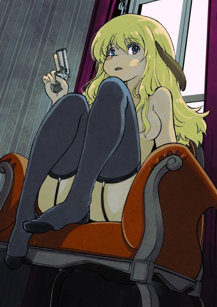 anthro blonde_hair blue_eyes breasts chair clothed clothing curtains female furniture garter_straps gun hair handgun knees_pulled_up legwear long_ears long_hair loose_hair pistol ranged_weapon sitting solo thick_thighs thigh_highs topless topless_female weapon window muramasa_mikado sherlock_hound_(series) mrs._hudson canid canine canis domestic_dog mammal hi_res