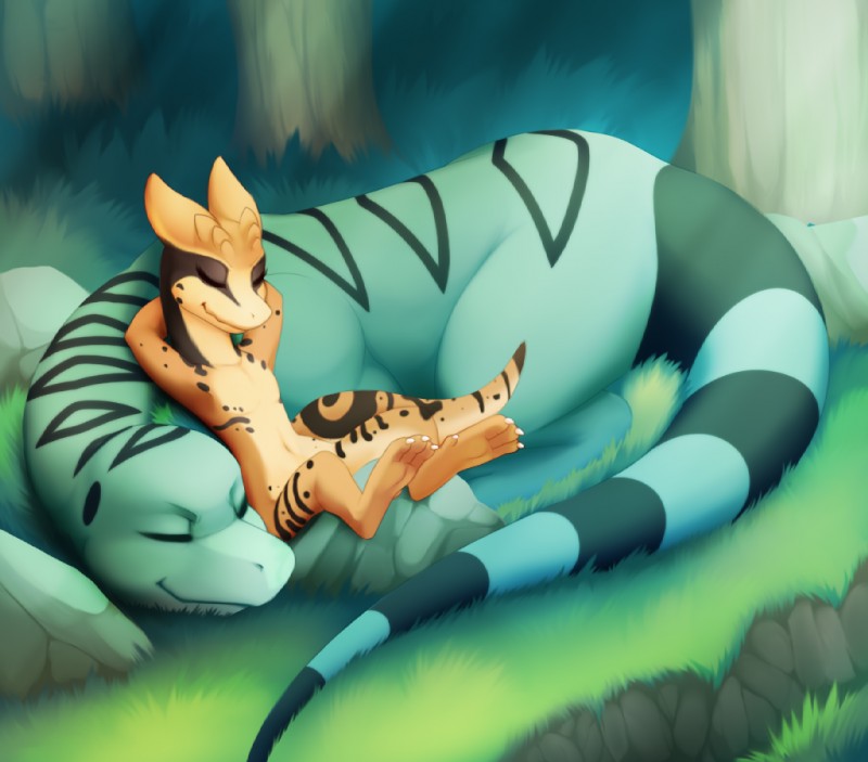 anthro claws day detailed_background duo eyes_closed feet female feral forest grass horn lying male male/female outside plant relaxing resting rock sleeping smile toe_claws toes tree darkmirage estra kobold lizard monitor_lizard reptile scalie 2016 digital_media_(artwork)