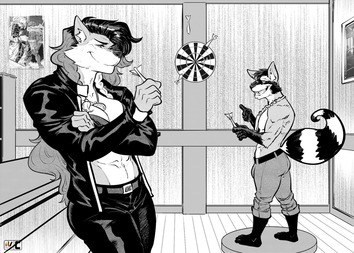 anthro athletic athletic_anthro athletic_female barefoot bottomwear breasts butt clothed clothed_anthro clothed_female clothed_male clothing dart dartboard duo feet female fur gloves_(marking) grin hair hindpaw jacket leg_markings male markings navel pants paws ring_(marking) ringed_tail smile socks_(marking) standing striped_markings striped_tail stripes tail tail_markings topless topless_anthro topless_male topwear nexus leia_convel lino_(nexus) canid canine canis mammal procyonid raccoon wolf greyscale hi_res monochrome