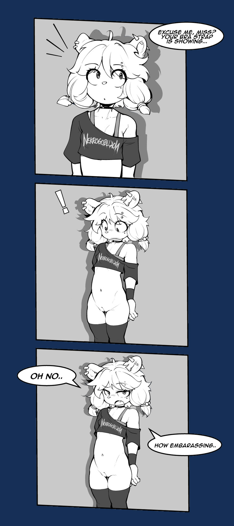 anthro band_shirt barbell_piercing bottomless bottomless_anthro bottomless_female bra breasts casual_exposure clothed clothing crop_top dialogue ear_piercing ear_ring eyebrow_piercing eyelashes facial_piercing female fur genitals hair humor legwear loli looking_at_viewer navel offscreen_character open_mouth piercing pupils ring_piercing shirt simple_background solo speech_bubble standing stockings text thigh_highs topwear underwear vulva young young_female sicmop bra_strap_showing_(meme) nekrogoblikon molly_(sicmop) bear mammal alpha_channel comic digital_media_(artwork) english_text hi_res meme monochrome one_page_comic