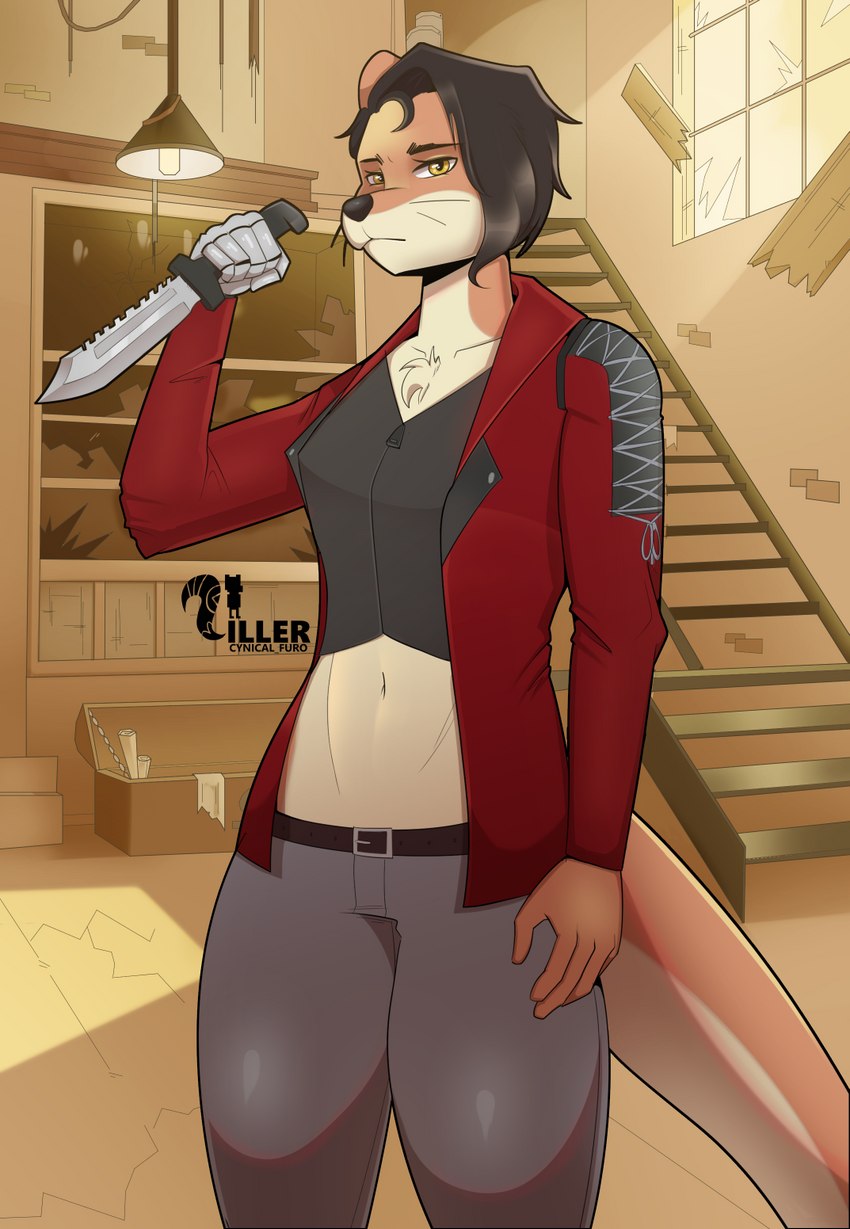 anthro black_hair brown_body clothed clothing female fur hair knife looking_at_viewer prosthetic prosthetic_arm prosthetic_limb solo standing tan_body tan_fur weapon cynical_furo anika_shayne mammal mustelid otter digital_media_(artwork) hi_res