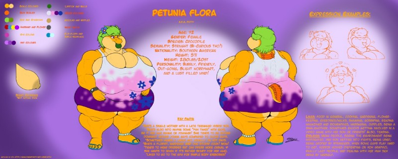 big_breasts big_butt breasts butt cleavage clothed clothing female huge_breasts huge_butt nipples non-mammal_breasts overweight overweight_female solo text thick_thighs eth_(artist) petunia_flora_(eth) crocodile crocodilian reptile scalie english_text model_sheet