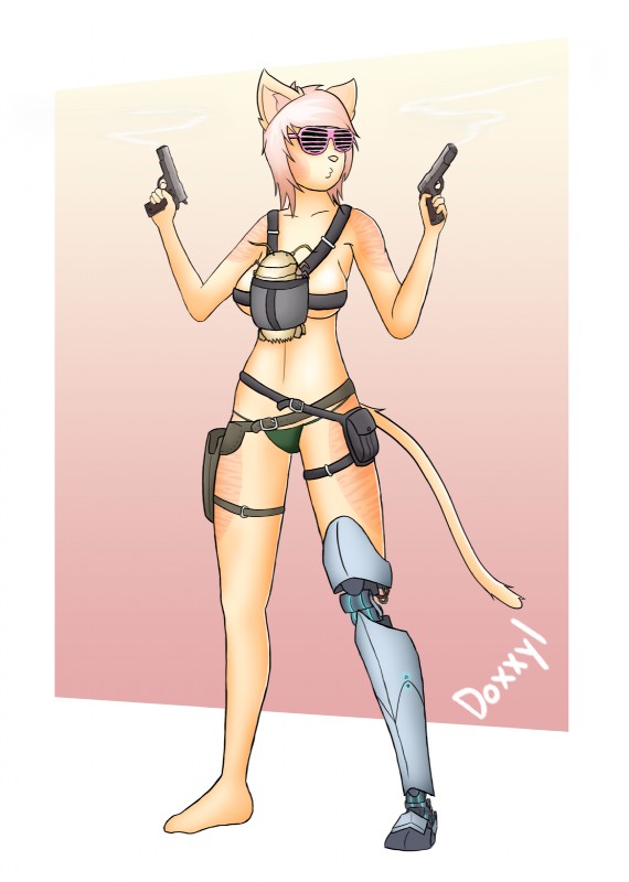 :3 amputee anthro baby_carrier bag belt bikini breasts clothed clothing cybernetics disability duo eyewear female fur glasses gun hair holster machine panties pink_body pink_fur pink_hair prosthetic prosthetic_leg prosthetic_limb ranged_weapon shutter_shades simple_background skimpy suggestive swimwear tactical tan_body tan_fur two-piece_swimsuit under_boob underwear utility_belt weapon doxxyl capri_(doxxyl) arthropod crustacean domestic_cat felid feline felis giant_isopod isopoda malacostracan mammal marine 2017 hi_res sketch