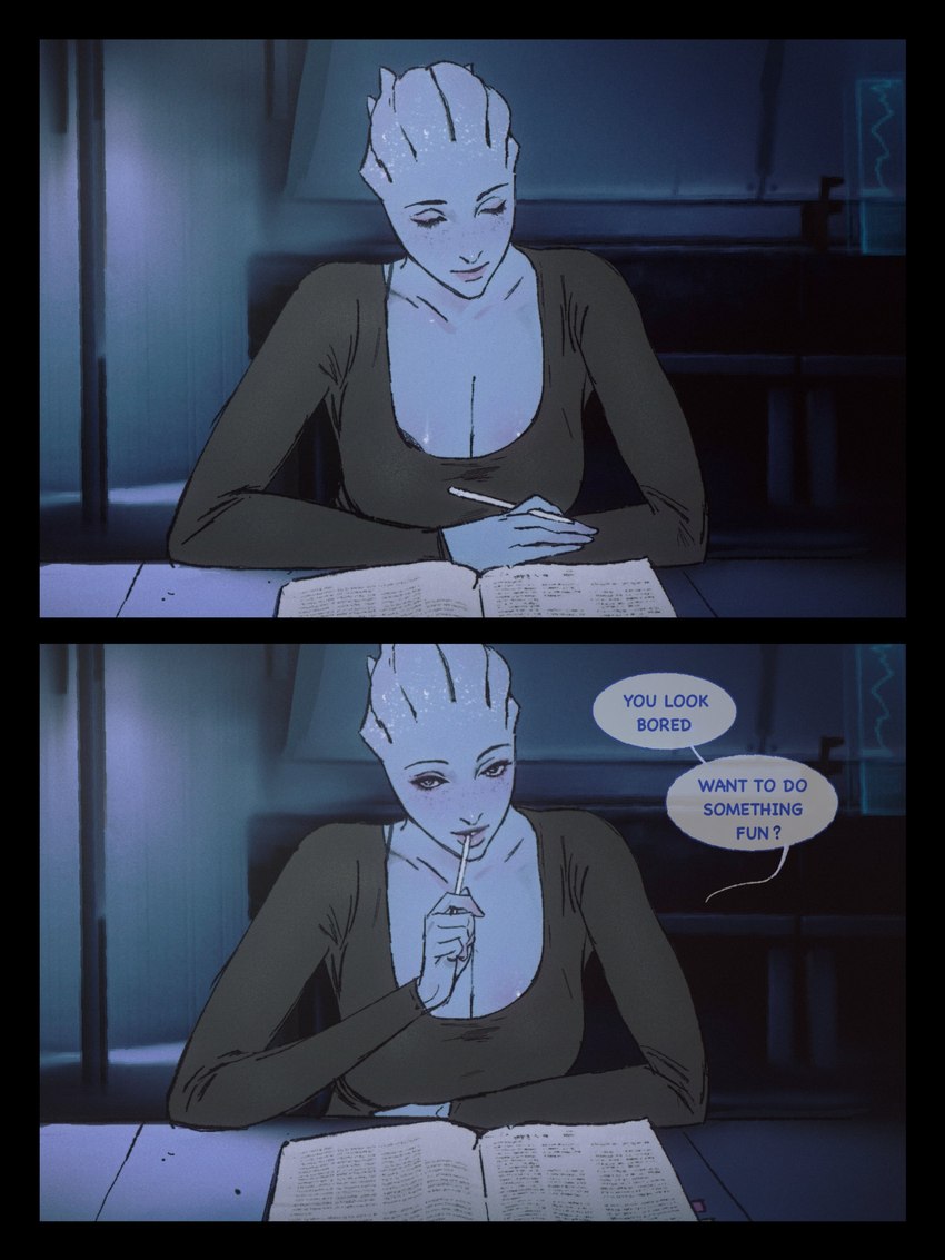 big_breasts blue_body blue_skin book breasts clothing dialogue eyebrows eyelashes female freckles holding_object looking_at_viewer not_furry pen shirt solo text topwear tuucoo bioware electronic_arts mass_effect liara_t'soni alien alien_humanoid asari humanoid 2023 3:4 absurd_res english_text hi_res