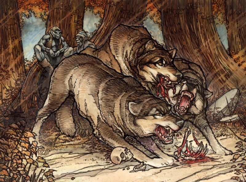 ambiguous_gender blood bodily_fluids bone detailed_background feral forest gore group male nature outside plant skull tree quinton_hoover_(artist) j._r._r._tolkien middle-earth_(tolkien) canid canine canis humanoid mammal orc troll_(mythology) warg wolf worg