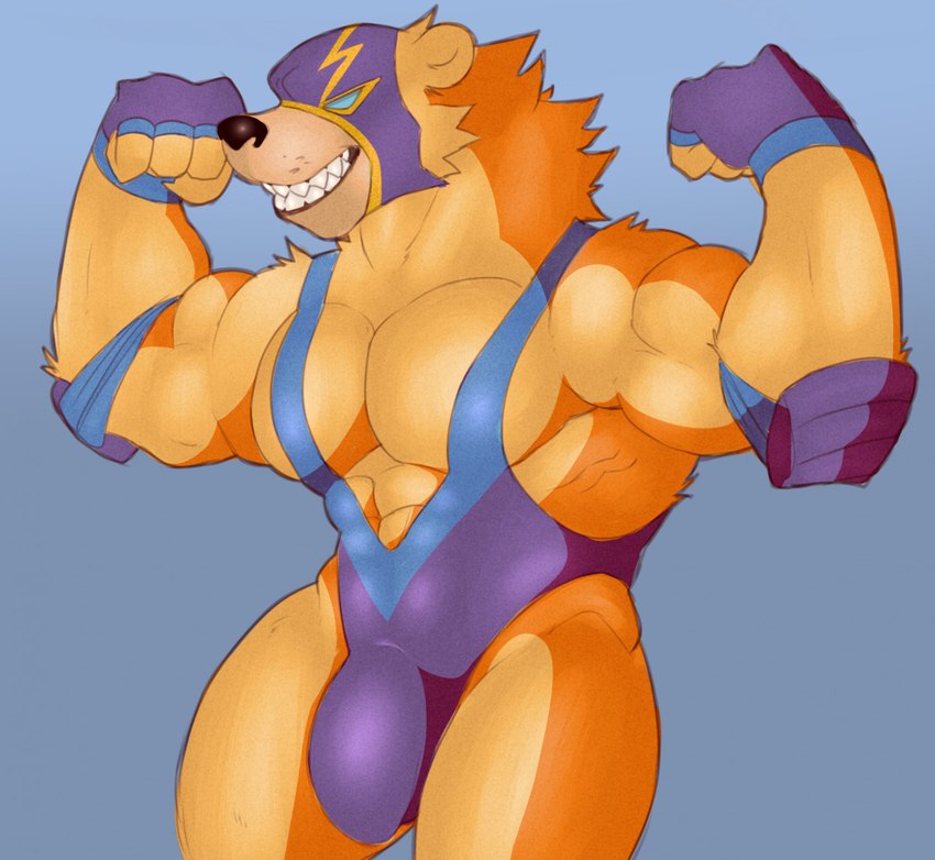 4_fingers abs anthro biceps big_bulge big_muscles blue_eyes bulge clothed clothing countershading fingerless_gloves fingers flexing fur gloves handwear male mask muscular muscular_anthro muscular_male orange_body orange_fur pecs pose sharp_teeth shoulder_pads simple_background smile solo sports_mask sportswear standing teeth whisker_spots wrestling_mask wrestling_singlet fleshformomo league_of_legends riot_games tencent volibear bear mammal 2021 digital_media_(artwork)