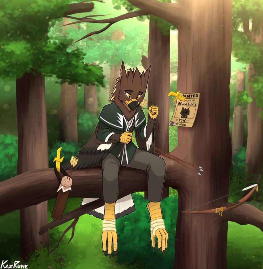 anthro arrows beak biped bow_(weapon) clothed clothing dipstick_feathers dipstick_tail feathers feet forest in_tree knife male markings plant quiver_(object) ranged_weapon sitting sitting_in_tree sitting_on_branch solo tail tail_feathers tail_markings talon_hands talons toes tree weapon kazrune mythology avian gryphon mammal mythological_avian mythological_creature hi_res