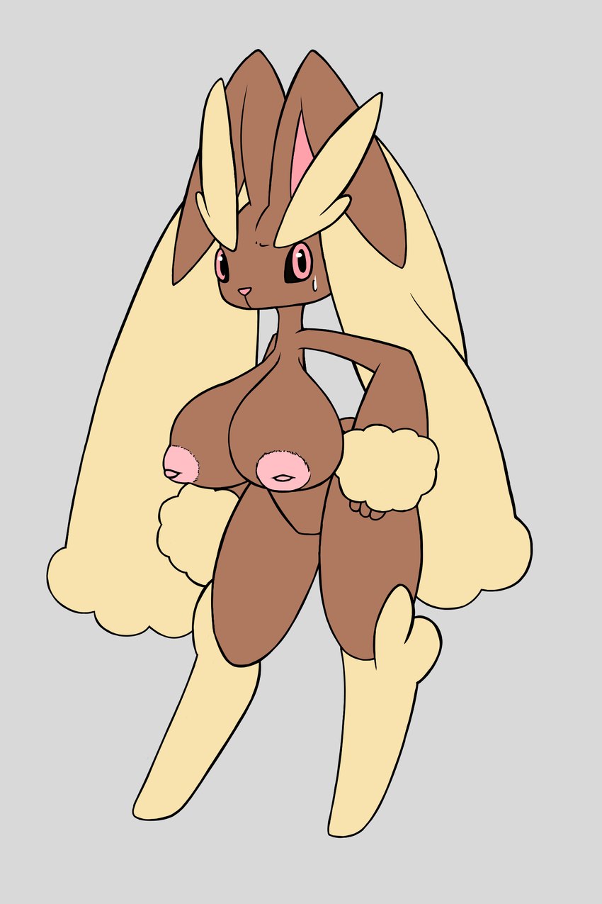 anthro big_breasts bodily_fluids boots breasts brown_body clothing female floppy_ears flustered footwear frown_eyebrows fur fur_boots fur_markings huge_breasts inverted_nipples lop_ears markings nipples nude shoes simple_background solo sweat sweatdrop tail sheep_magik nintendo pokemon generation_4_pokemon lagomorph leporid lopunny mammal pokemon_(species) rabbit 2:3 absurd_res digital_drawing_(artwork) digital_media_(artwork) hi_res