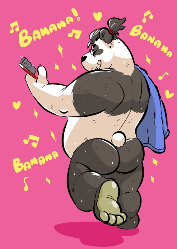 4_toes anthro belly black_body black_fur butt eyes_closed eyewear feet fur glasses heart_symbol humanoid_hands male overweight overweight_anthro overweight_male simple_background solo text toes topknot towel white_body white_fur spazz_bear bear giant_panda mammal 2019 absurd_res english_text hi_res