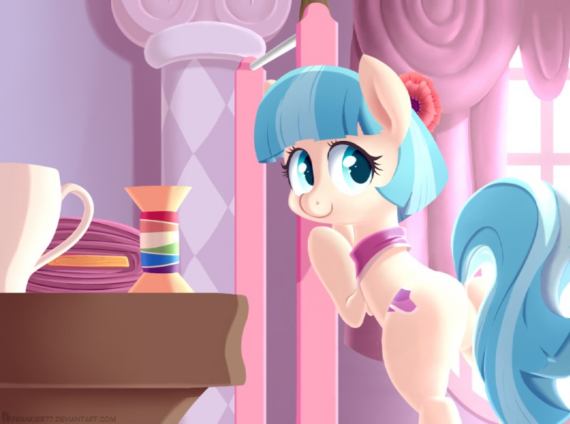 big_eyes blue_eyes blue_hair container cup curtains cutie_mark fabric female feral flower furniture hair inside multicolored_hair plant scarf solo standing string table two_tone_hair window frankier77 friendship_is_magic hasbro my_little_pony coco_pommel_(mlp) earth_pony equid equine horse mammal pony 2014