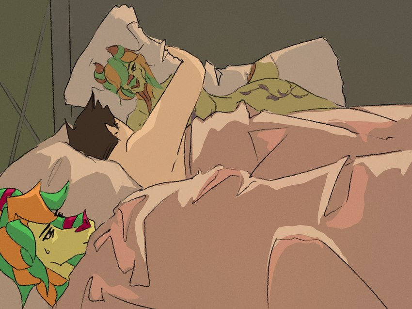 anthro bed bedroom body_pillow discontent duo female furniture hair horn hug hugging_object hugging_pillow male male/female multicolored_hair pillow stare two_tone_hair yellow_body miaotwo a_dragon's_tale_of_tails ah_yes._me._my_girlfriend. mythology cynthia_(adtot) hun_(adtot) dragon human humanoid mammal mythological_creature mythological_scalie scalie hi_res meme